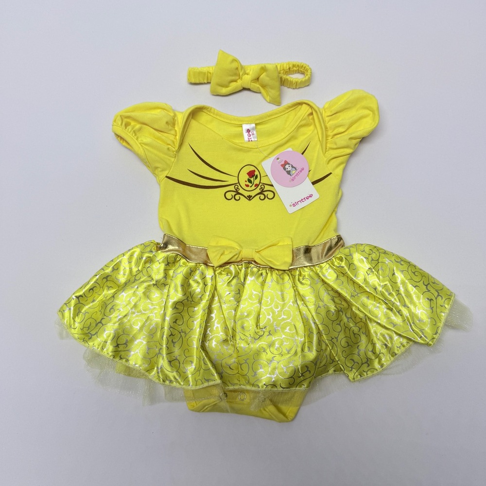 Disney Baby Girl Yellow Princess Bodysuit Dress with Headband Size 80 Belle